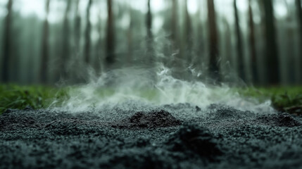 Steaming hot black volcanic ash on forest ground with blurred trees in background under overcast sky.