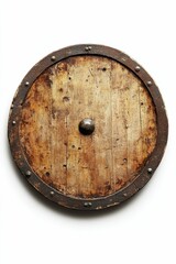 Naklejka premium Wooden shield with metal trim and rivets.