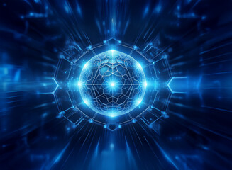 A glowing blue sphere with a geometric pattern, surrounded by streaks of light on a dark blue background.