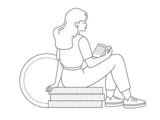 Young woman reads a book or textbook during sitting on a stack of coins. Flat Illustration on transparent background