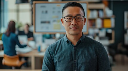 Fototapeta premium Professional man poses confidently in modern office environment with engaged colleagues