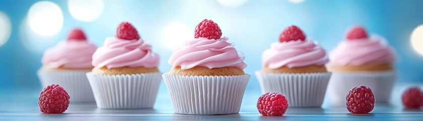 Delicious pink cupcakes with raspberry topping, a sweet treat for parties and celebrations