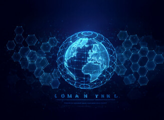 A glowing blue globe with hexagonal patterns surrounding it against a dark blue background.