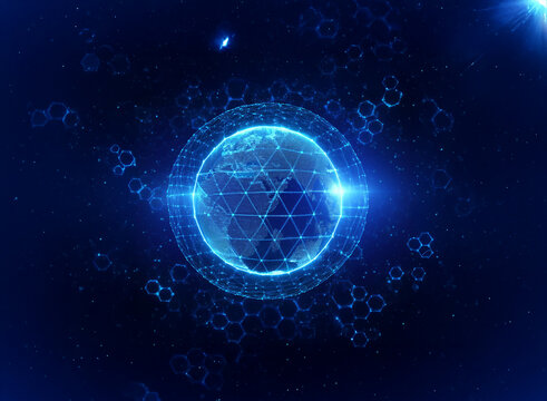 A glowing, blue, digital globe surrounded by geometric shapes against a dark background.