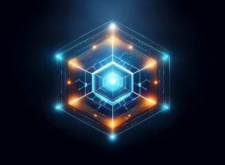 A glowing hexagonal structure with intricate lines, surrounded by blue and orange lights on a dark background.