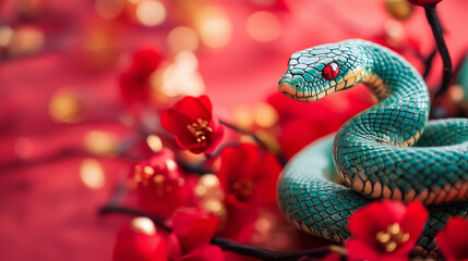 Fototapeta premium Green snake and red flowers on a red background. 2025 New Year of the Snake, Lunar New Year or Chinese New Year. Tet. Lights, bokeh. Copyspace for your text.