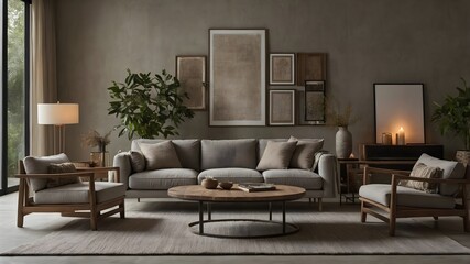 AI-generated minimalist living room blending Scandinavian, Indian, and Belgian styles with natural materials, serene backdrops, and varied lighting