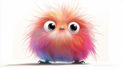 Fototapeta premium A vibrant, fluffy creature with colorful fur sits curiously on a light background, displaying its big expressive eyes.