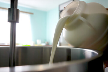 A close-up of fresh milk being transferred from a container to a stainless steel vat in a modern cheese factory