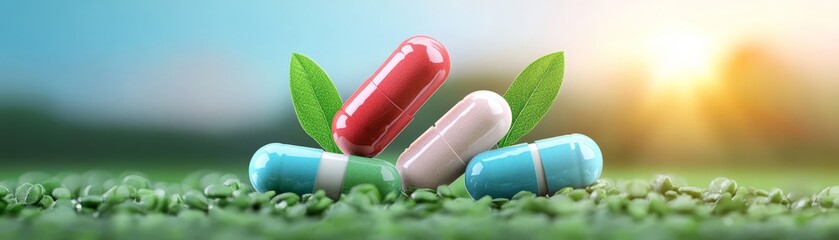 Harnessing nature's potential, herbal supplement capsules enriched with fresh green leaves for holistic wellness