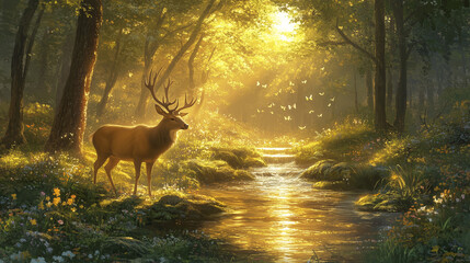 In a tranquil forest bathed in golden light, a noble deer stands by a sparkling stream