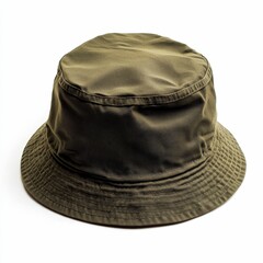 A khaki bucket hat on white background.