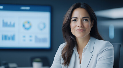 Fototapeta premium A female consultant explaining charts to clients in a modern boardroom.