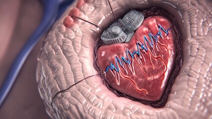 Obraz premium Close-up of a heart with a pacemaker, showing the intricate wiring and the heart's rhythmic beat.