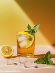 Fototapeta premium Refreshing lemon mint drink combines zesty flavors with chilled ice for ultimate summer sipping