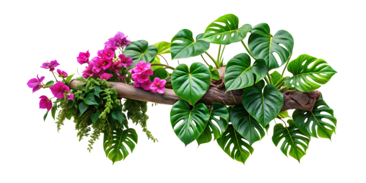 Tropical ivy plant bush floral arrangement with rainforest leaves Monstera and fern and Vanda orchids tropical flower decor on tree branch liana vine plant isolated on white background. cut-out 