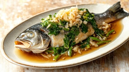 A beautifully plated traditional Asian steamed fish dish features ginger, garlic, and fresh greens