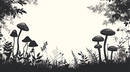 Naklejka premium Silhouettes of Mushrooms in a Forest
