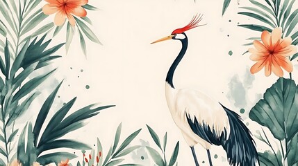 Naklejka premium Watercolor Crane and Tropical Plants