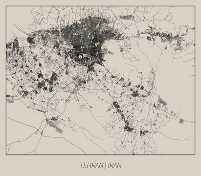 Tehran (Iran) street map outline for poster.