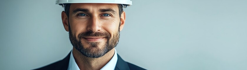 Obraz premium Smiling man in a suit and hard hat, professional pose against a light background