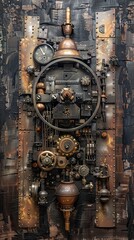 Fototapeta premium Steampunk Industrial Art: A Sculptural Composition of Cogs, Gears, and Metal