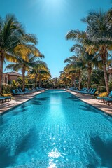 Fototapeta premium Tropical resort pool surrounded by palm trees under a bright, clear sky
