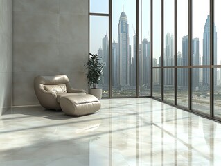 A modern living room with a large window overlooking a city skyline. The room has a leather armchair and ottoman. The floor is made of marble tiles.