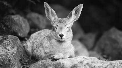A serene black-and-white image of a resting rabbit among stones.