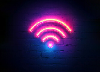Obraz premium Neon Sign of Wi-Fi Symbol with Pink Glow Against Dark Blue Background, Modern Tech Atmosphere brick wall