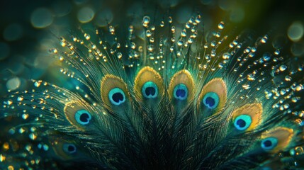 A close-up of peacock feathers adorned with droplets, showcasing vibrant colors and detail.
