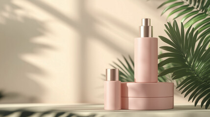 Elegant render of minimalist skincare products surrounded by lush green foliage in a softly lit setting