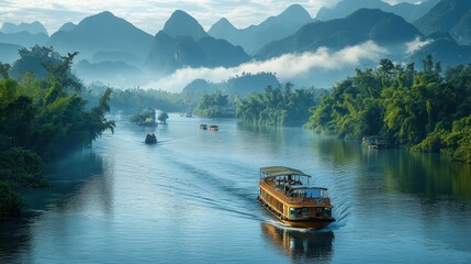 Naklejka premium Scenic river with boats surrounded by misty mountains and greenery.