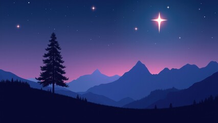 Star with silhouette landscape for peaceful themes. Vibrant twilight over serene mountains with a glowing sunset, stars above, and a tranquil silhouette of a lone tree.