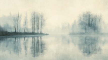 Fototapeta premium A serene misty landscape reflecting trees in calm waters, evoking tranquility and introspection.