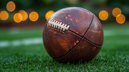 Obraz premium A close-up of a vintage football resting on grass, with blurred lights in the background.
