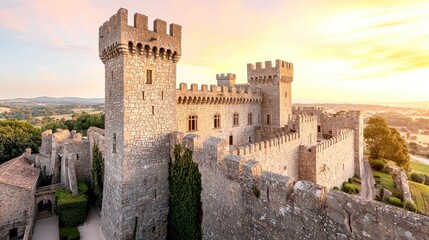 Obraz premium A scenic view of a medieval castle, showcasing its stone walls and towers, illuminated by a golden sunset over a vast landscape.