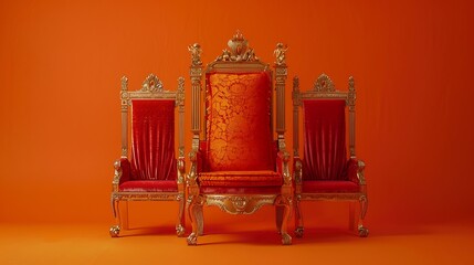 Isolated against a bright orange backdrop is a stately throne adorned with silk seats