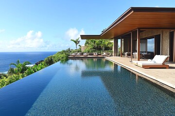 Fototapeta premium A modern, luxurious villa with an infinity pool overlooking the ocean and lush greenery.