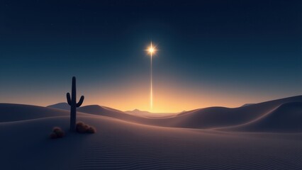 Fototapeta premium Star with silhouette landscape for peaceful themes. A serene desert at twilight features rolling dunes, a silhouette of a cactus, and a glowing star on the horizon under a starry sky.