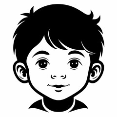 Black and white drawing of face of a young boy, showcasing his features and hairstyle in intricate detail. Isolated vector kid portrait, baby face avatar or profile monochrome