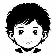 Black and white drawing of face of a young boy, showcasing his features and hairstyle in intricate detail. Isolated vector kid portrait, baby face avatar or profile monochrome