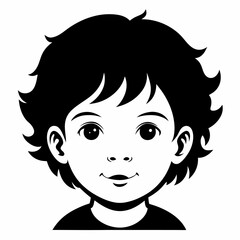 Black and white drawing of face of a young boy, showcasing his features and hairstyle in intricate detail. Isolated vector kid portrait, baby face avatar or profile monochrome
