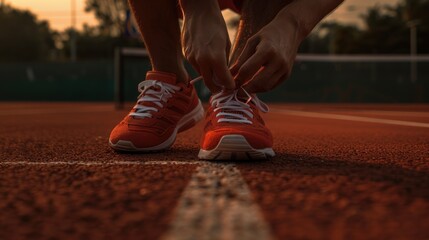 A tennis player concentrates intently while tying his shoes on the court, highlighting the dedication and preparation before a match