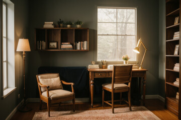 Cozy living room with modern design featuring comfortable armchairs and bookshelves filled with decor and books