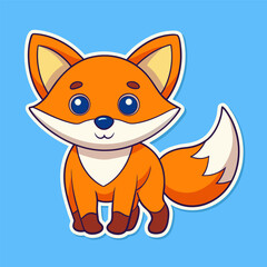 Cute fox sticker in cartoon style on blue background. Adorable cartoon fox sticker illustration with big eyes and fluffy tail on a blue background. Perfect for a variety of fun and playful designs