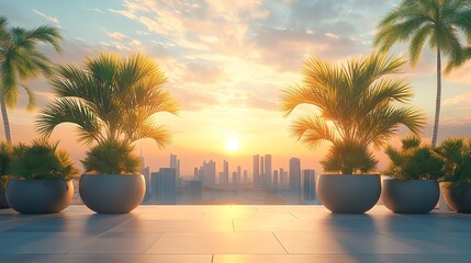 A panoramic view of a modern city skyline at sunset, seen from a rooftop terrace with potted palm trees.