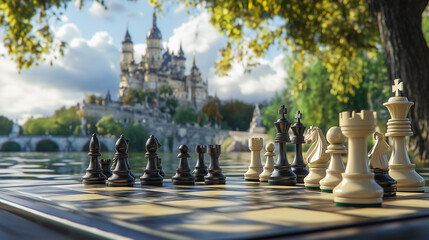 A captivating autumn afternoon chess game set against a grand architectural backdrop in a serene park.