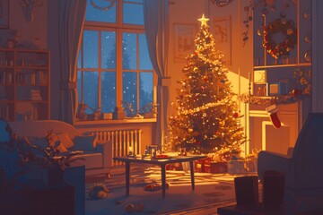 Decorating a Christmas tree with popcorn garlands and handmade paper stars, Cozy vibe, Generative AI