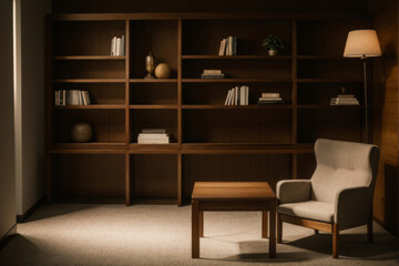 Cozy living room with modern design featuring comfortable armchairs and bookshelves filled with decor and books